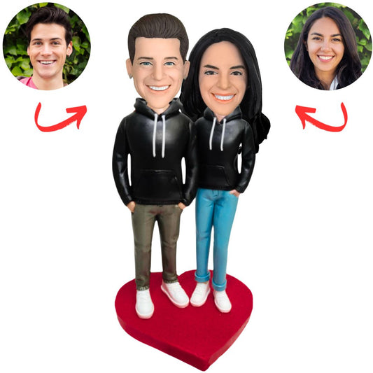 Couple Wearing Hoodies with Heart Base Custom Bobbleheads