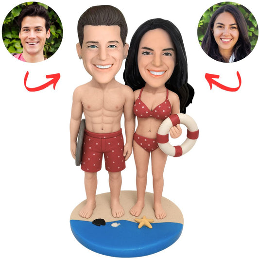 Couple Holding Skateboard And Swimming Ring Custom Bobbleheads