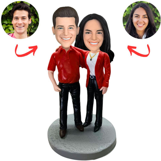 Casual Couple Red Jacket And Polo Shirt Style Custom Bobbleheads