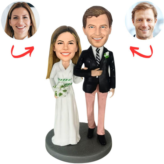 Wedding Couple Bride & Groom Arm-in-Arm Personalized Bobbleheads