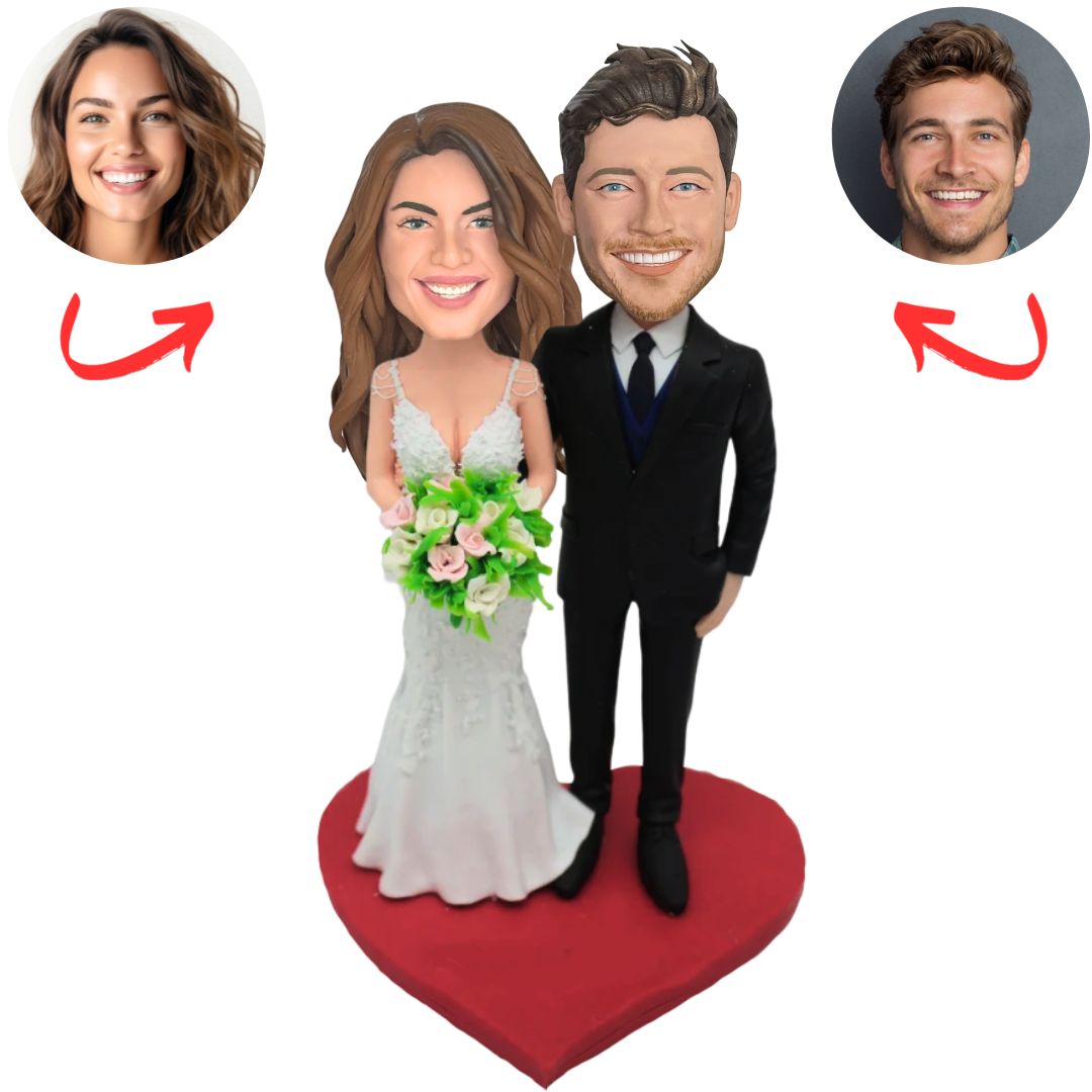 Wedding Couple on Heart Base Custom Bobbleheads