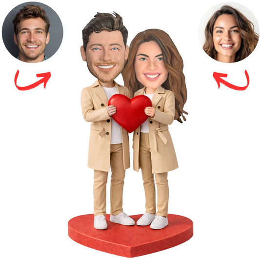 Heart Couple Wearing Trench Coats Custom Bobbleheads