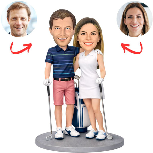 Happy Golf Couple with Golf Bag Custom Bobbleheads