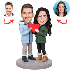 Heart Couple Wearing Down Jackets Custom Bobbleheads