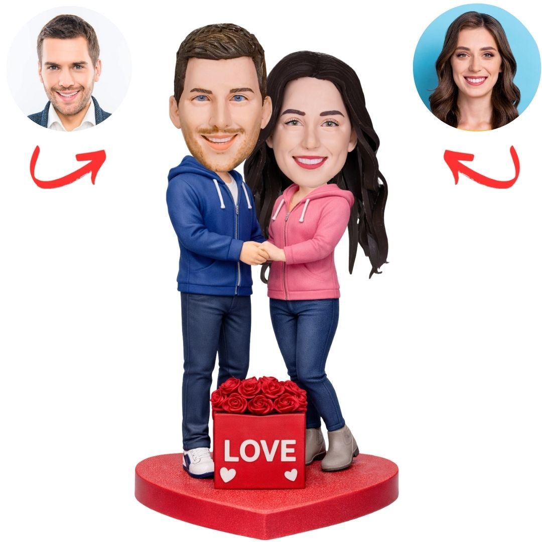 Couple Wearing Hoodies with Rose Custom Bobbleheads