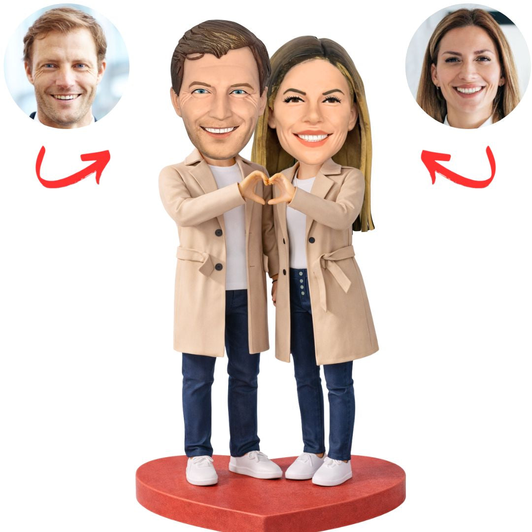 Couple Wearing Khaki Trench Coats Custom Bobbleheads