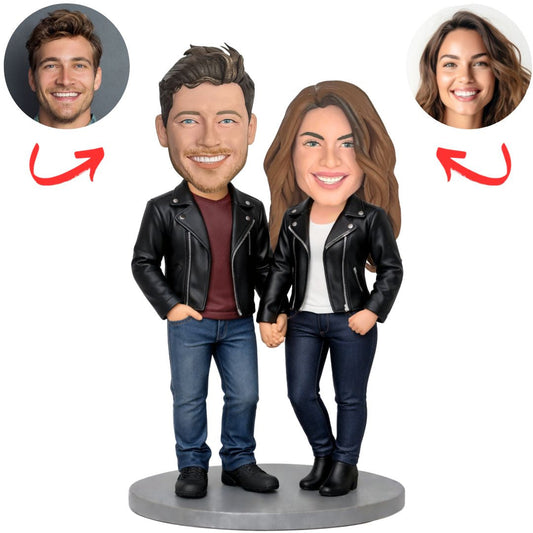 Couple in Black Jackets Custom Bobbleheads