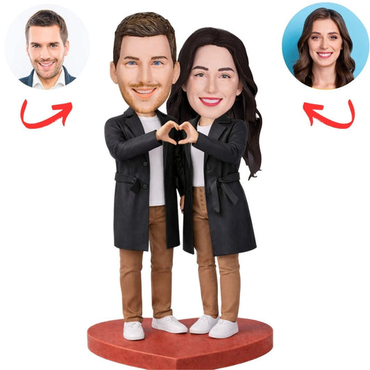 Couple Wearing Black Trench Coat Custom Bobbleheads