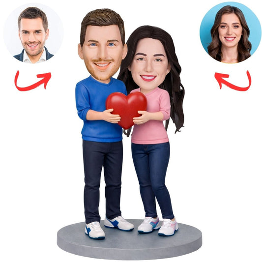 Couple Wearing Jeans Holding Heart Custom Bobbleheads