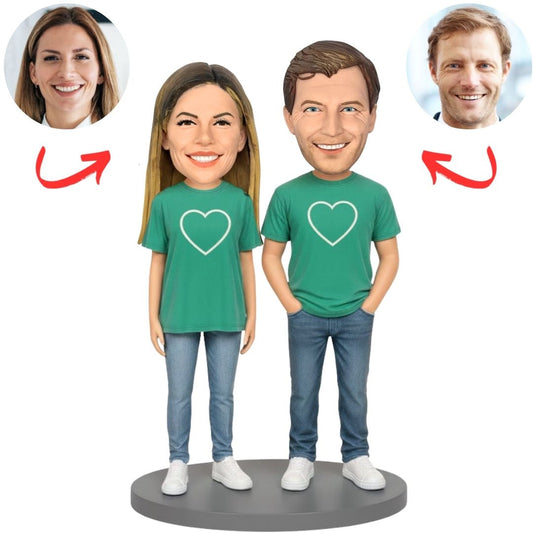 Green Shirt Love Heart Couple Custom Bobbleheads