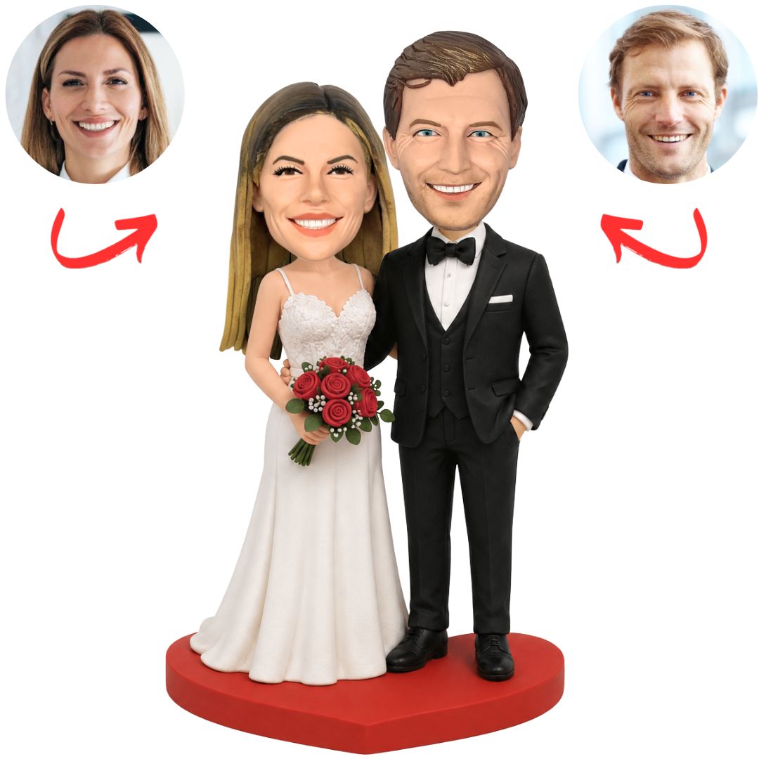 Wedding Couple on Heart-Shaped Base Custom Bobbleheads