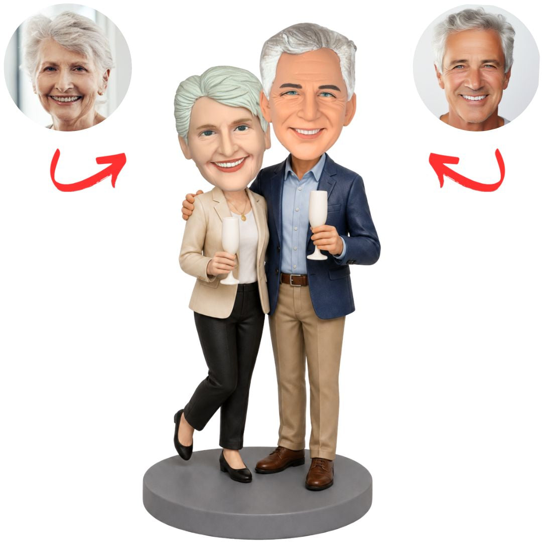 Elderly Couple Holding Champagne Glasses Custom Bobbleheads