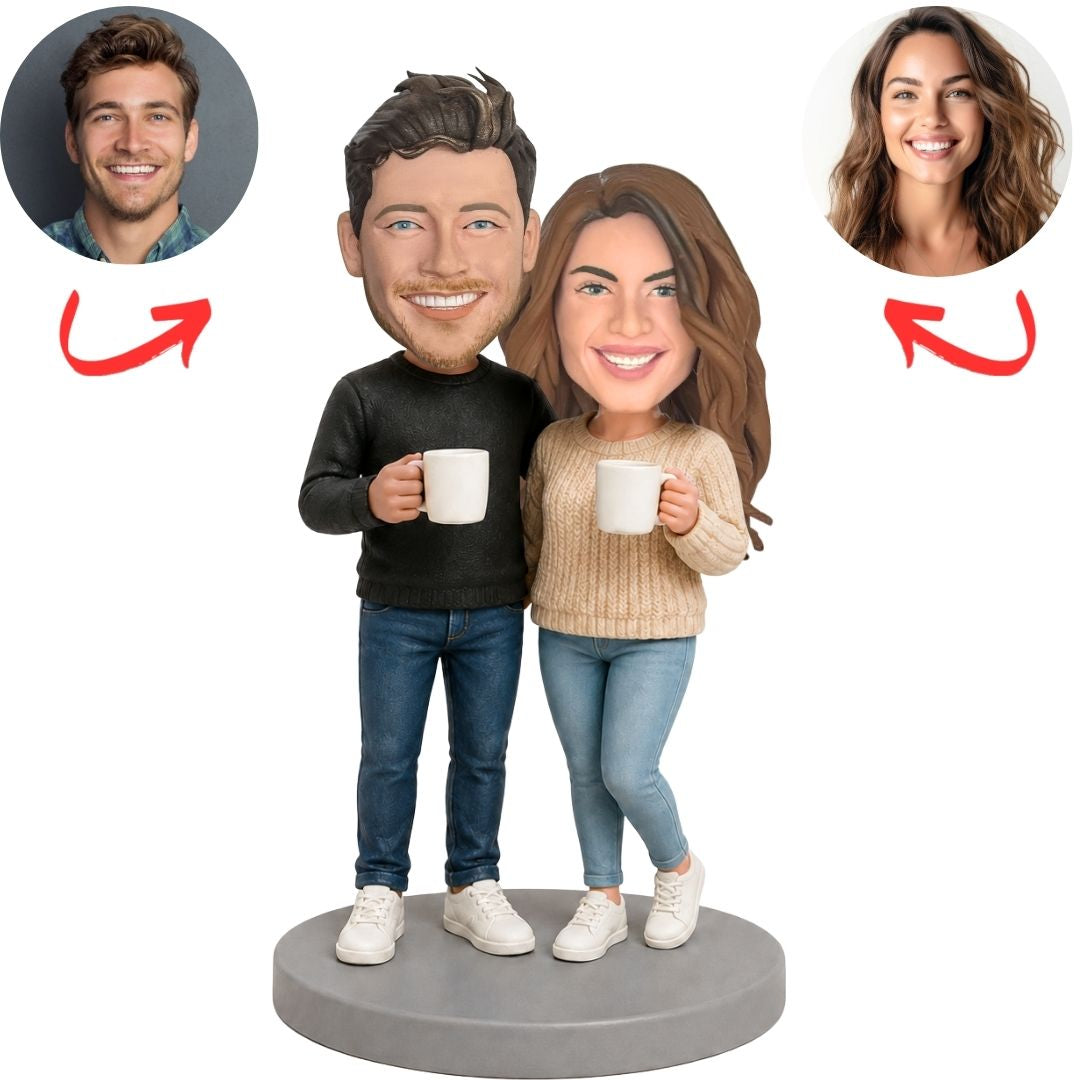 Casual Couple Holding Coffee Mugs Custom Bobbleheads