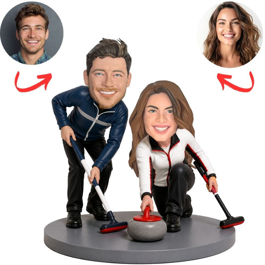 Curling Duo Sweeping and Sliding Stone Custom Bobbleheads Set
