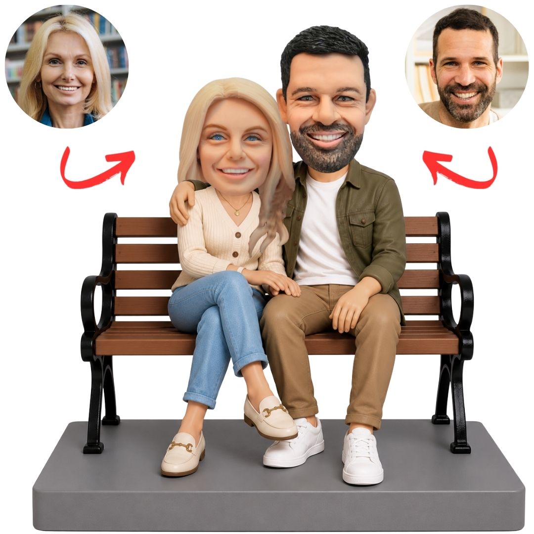 Couple Sitting Together on Wooden Bench Custom Bobbleheads Set