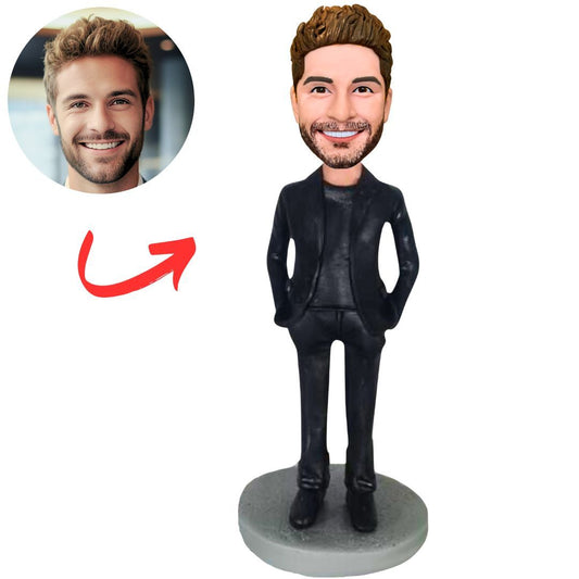 Business Man Wearing Black Business Suit Custom Bobbleheads
