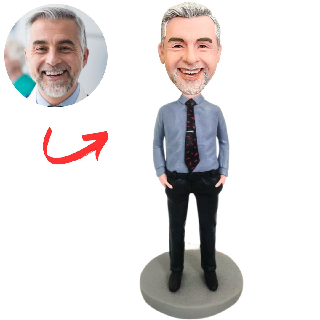 Business Man Grey Shirt Wearing Tie Custom Bobbleheads
