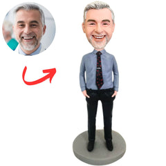 Business Man Grey Shirt Wearing Tie Custom Bobbleheads