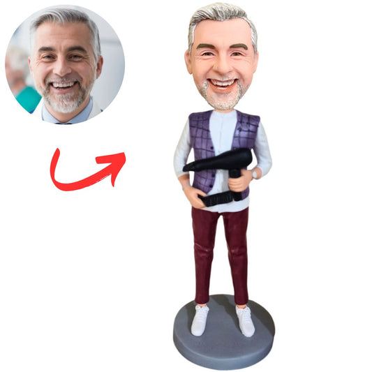 Male Barber Holding Hair Dryer Custom Bobbleheads