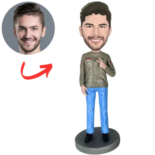Casual Pose with Peace Gesture Custom Bobbleheads