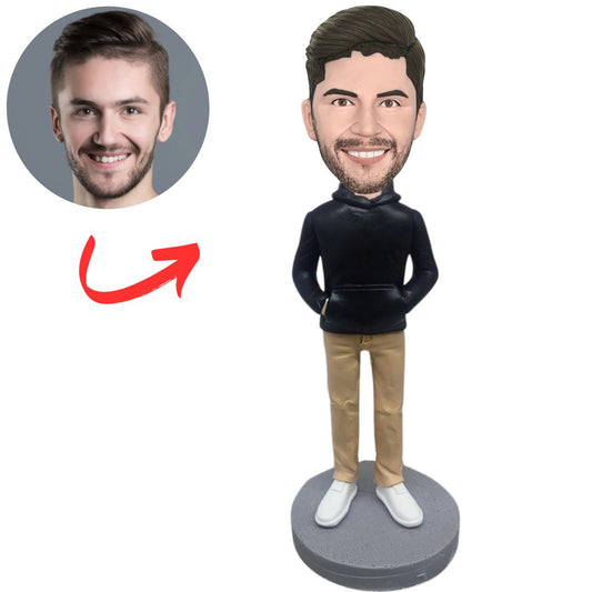 Casual Man Wearing Black Hoodie Custom Bobbleheads