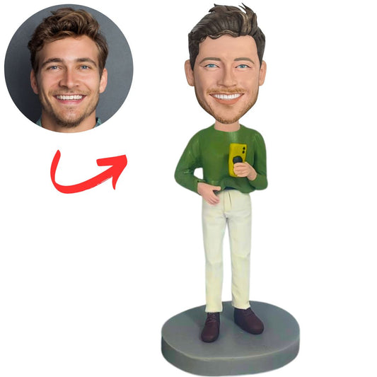 Green Shirt Modern Man Holding Phone Custom Bobbleheads