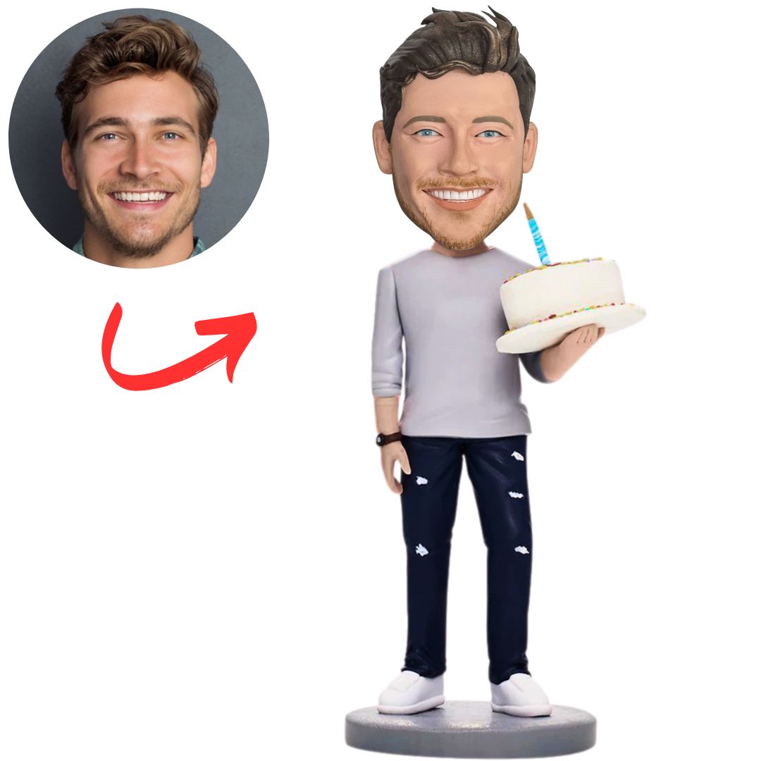 Casual Man Holding Birthday Cake Custom Bobbleheads