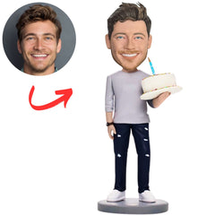 Casual Man Holding Birthday Cake Custom Bobbleheads