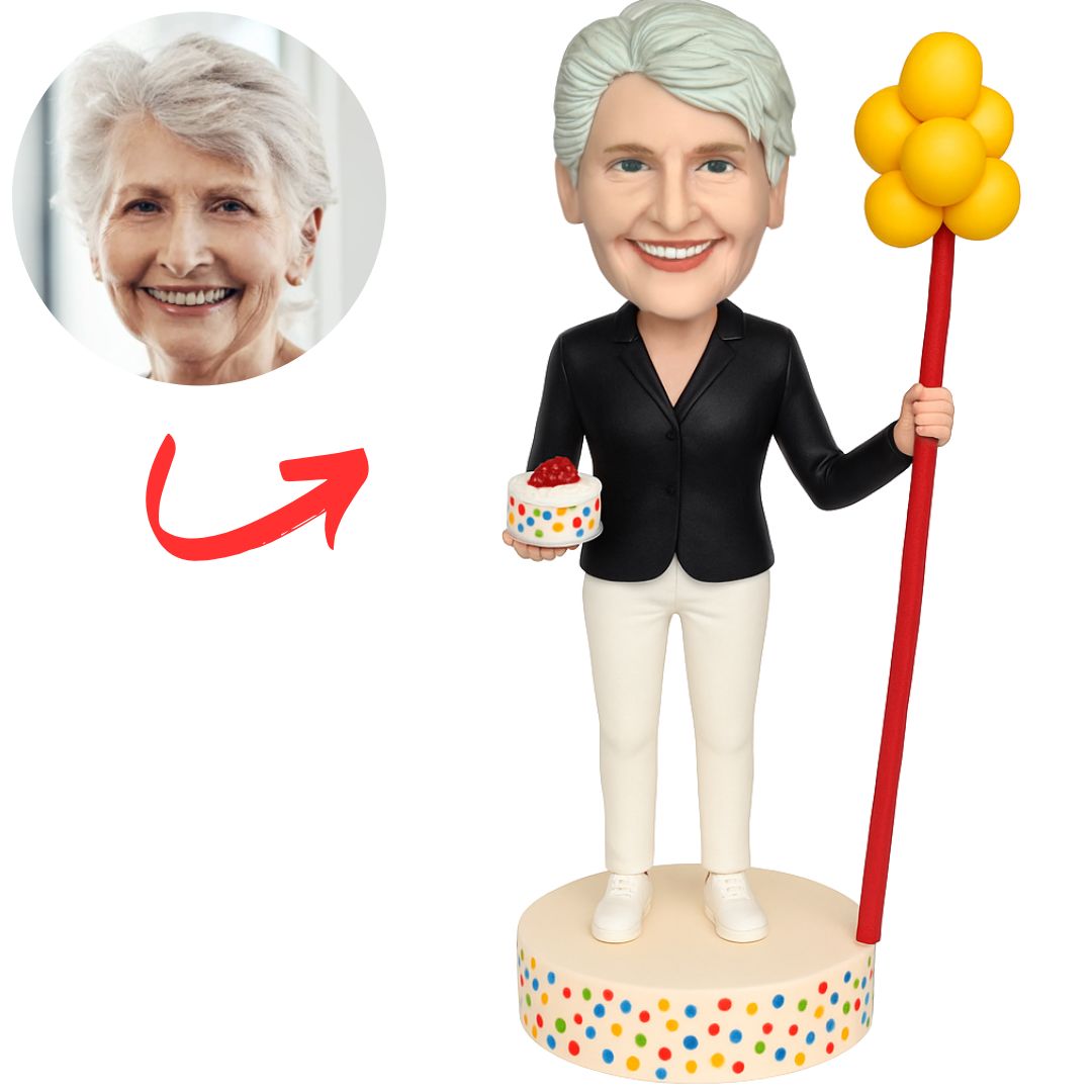 Woman Holding Balloons And Birthday Cake Custom Bobbleheads