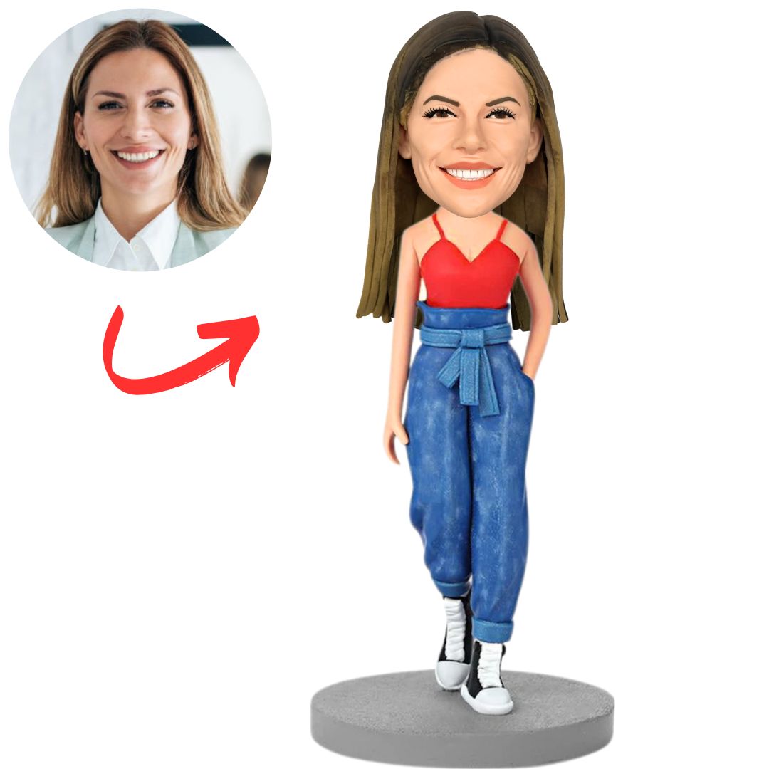 Fashionable Woman in Long Jeans Custom Bobbleheads