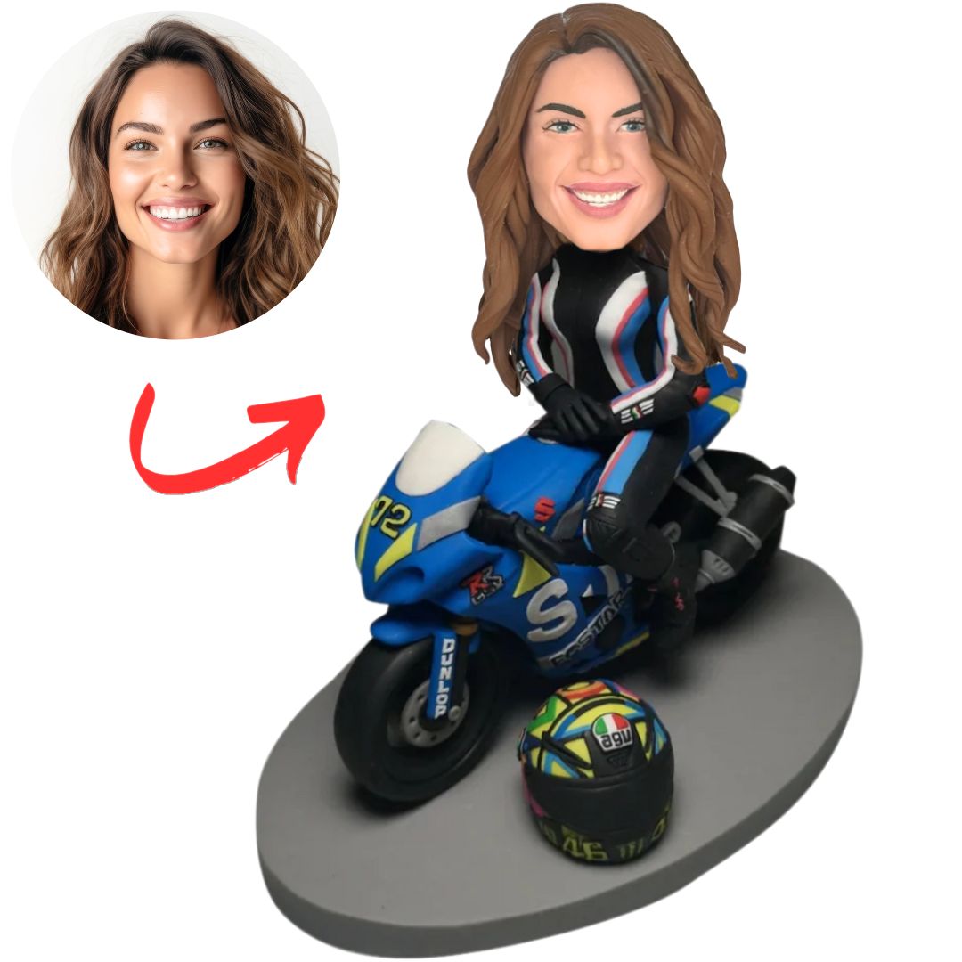 Handsome Female Motorcycle Racer Custom Bobbleheads