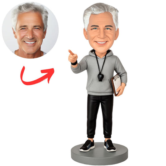 Male Coach in Grey Hoodie Custom Bobbleheads