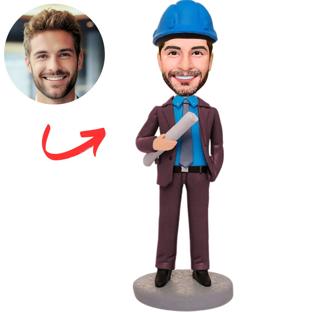 Brown Suit Engineer Holding Blueprints Custom Bobbleheads