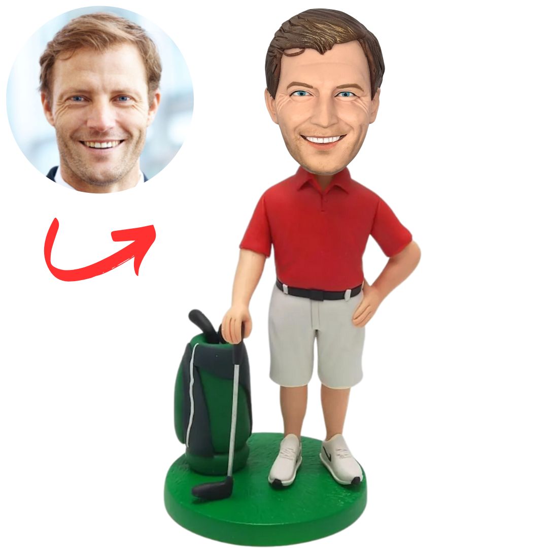 Golfer in Red Shirt with Club And Bag Custom Bobbleheads