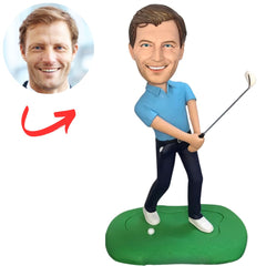 Blue Shirt Golfer Swing Pose Custom Bobbleheads