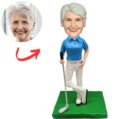 Blue Shirt Female Golf Player Custom Bobbleheads