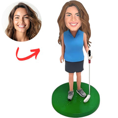 Blue Shirt Female Golfer Custom Golf Bobbleheads