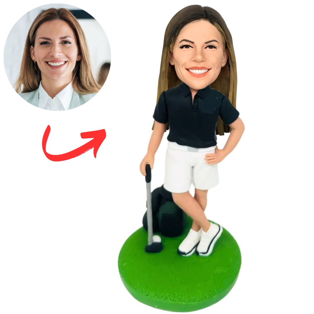 Female Golf Player in Black Shirt Custom Bobbleheads