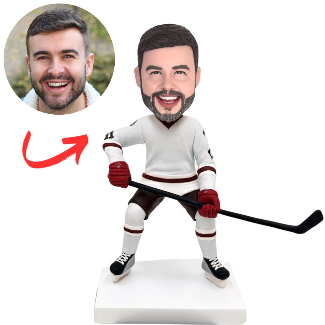White Uniform Suit Hockey Player Custom Bobbleheads