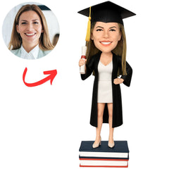 Graduation Girl in Black Gown Holding Diploma Custom Bobbleheads
