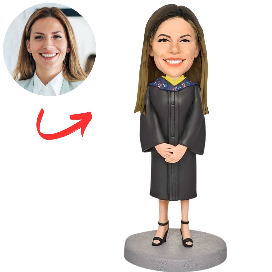 Graduation Girl in Gown with Floral Collar and Heels Custom Bobbleheads