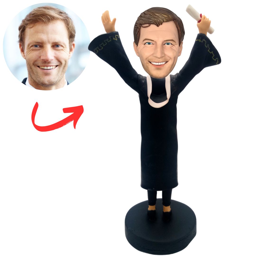 Male Graduation with Arms Raised And Diploma Custom Bobbleheads