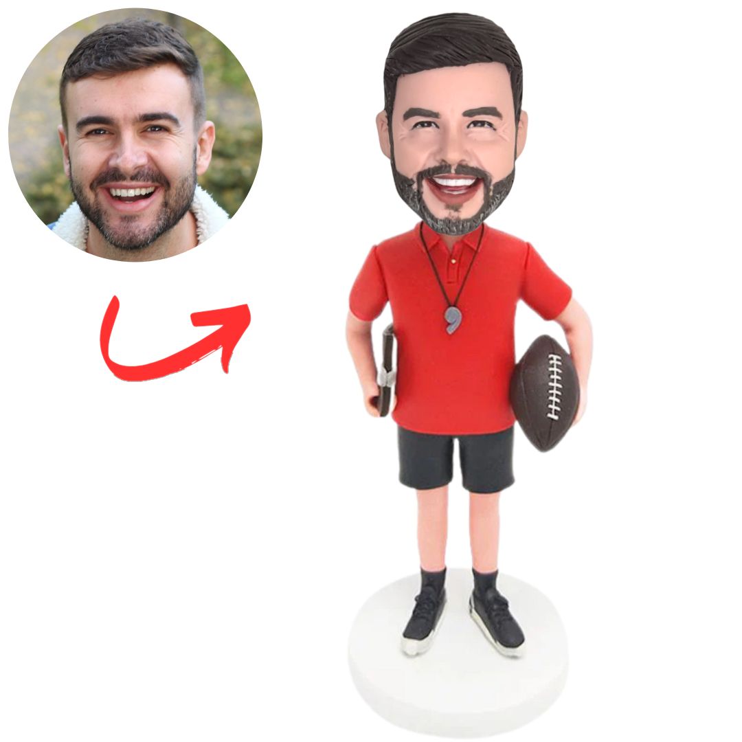 Football Coach in Red Shirt Custom Bobbleheads
