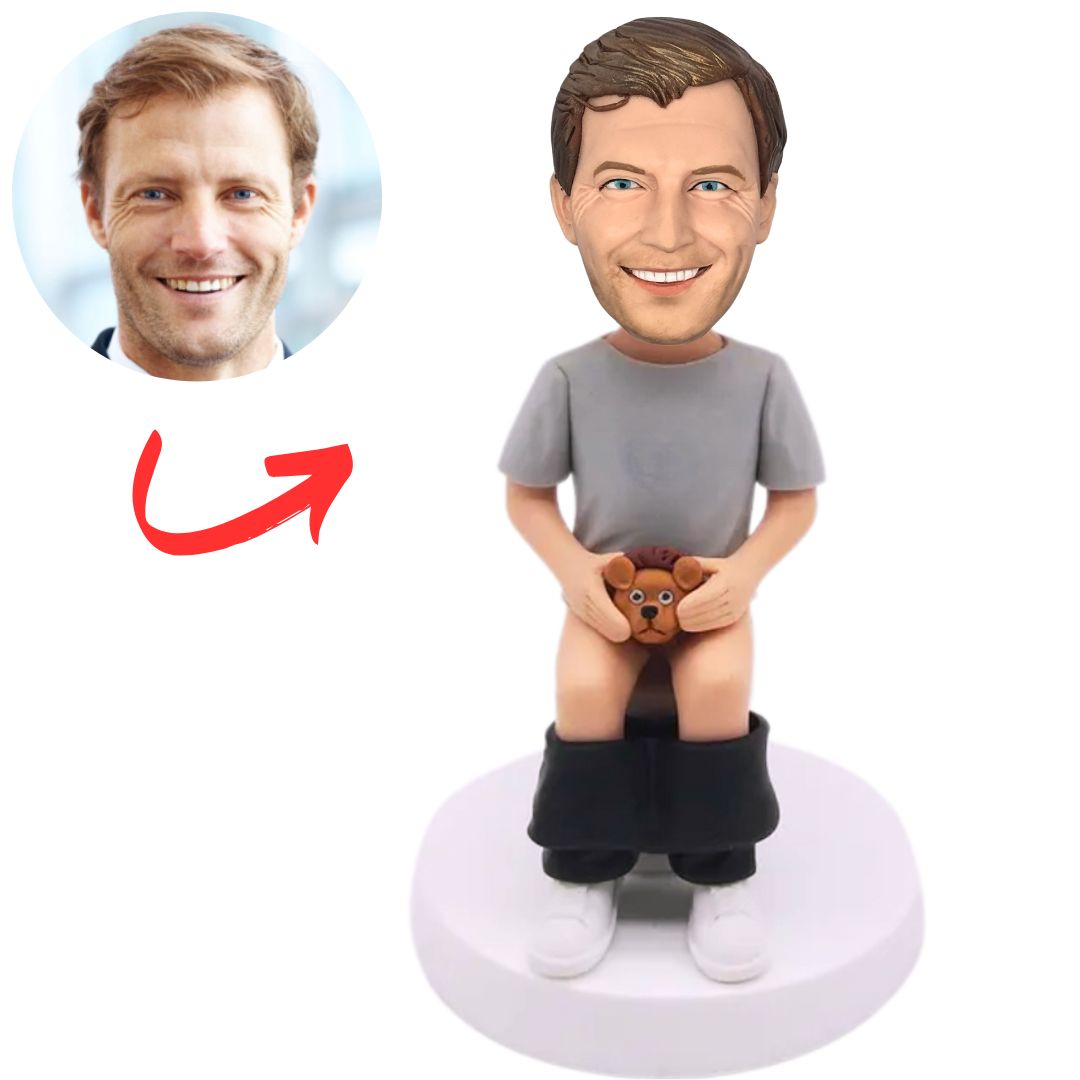 Man Squatting on The Toilet Holding Doll Custom Bobbleheads