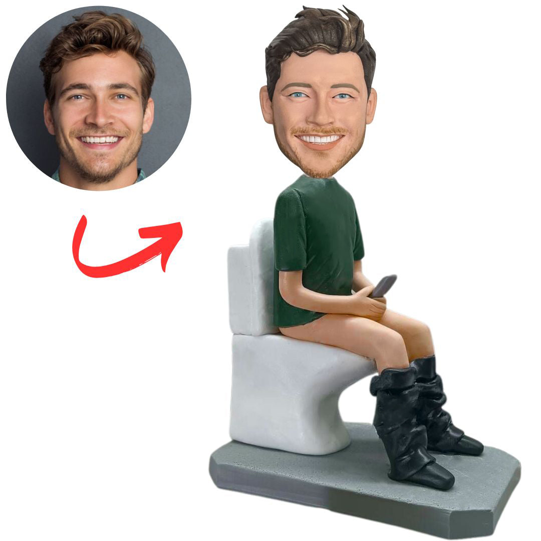 Man Sitting on Toilet Playing Phone Personalized Bobbleheads