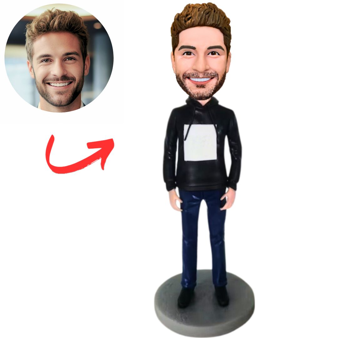Fashion Man Wearing Black Hoodie Custom Bobbleheads