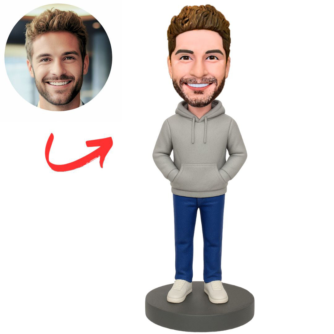 Casual Man in Grey Hoodie Custom Bobbleheads