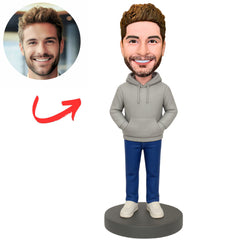 Casual Man in Grey Hoodie Custom Bobbleheads