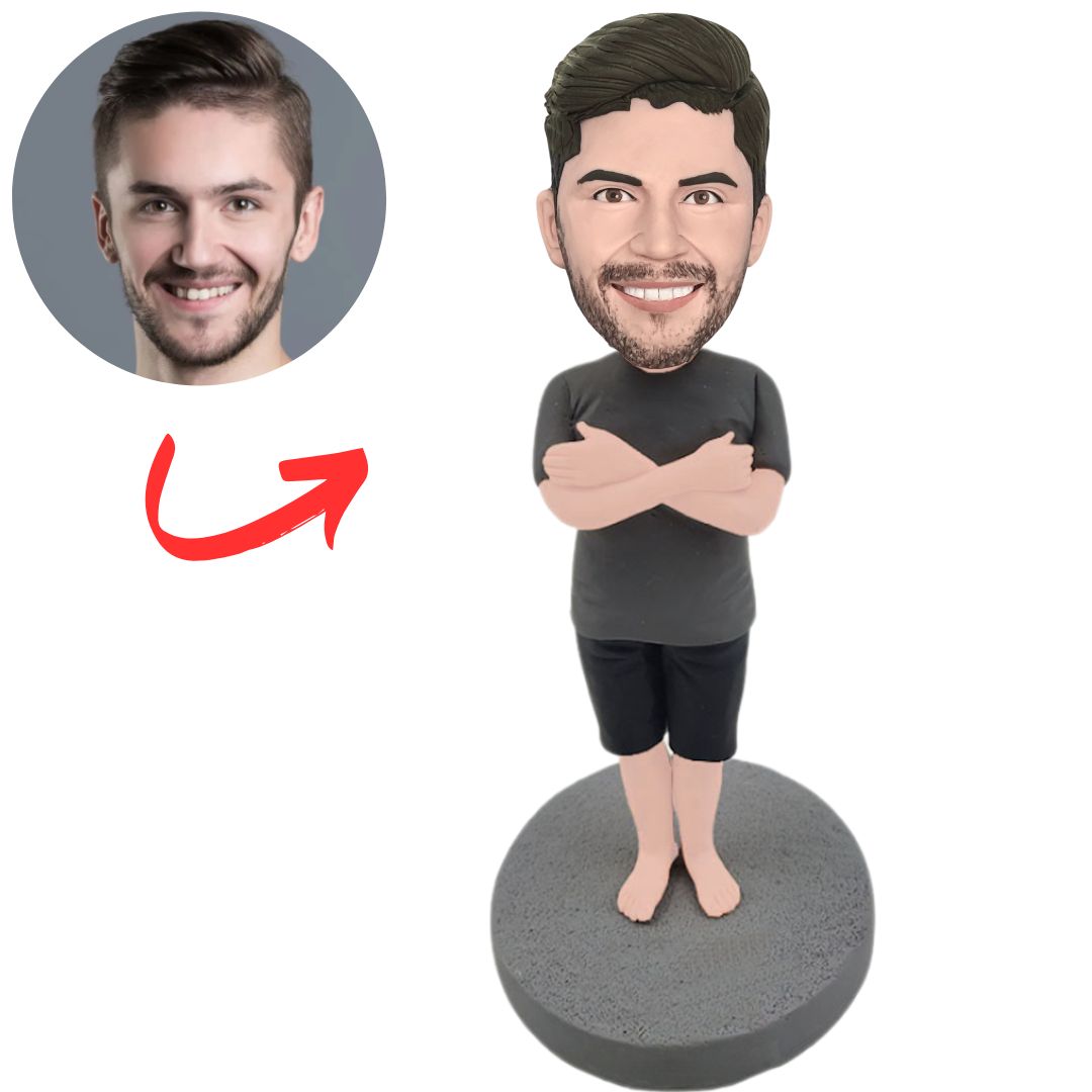Man in Grey T-shirt Folding Arms Custom Bobbleheads