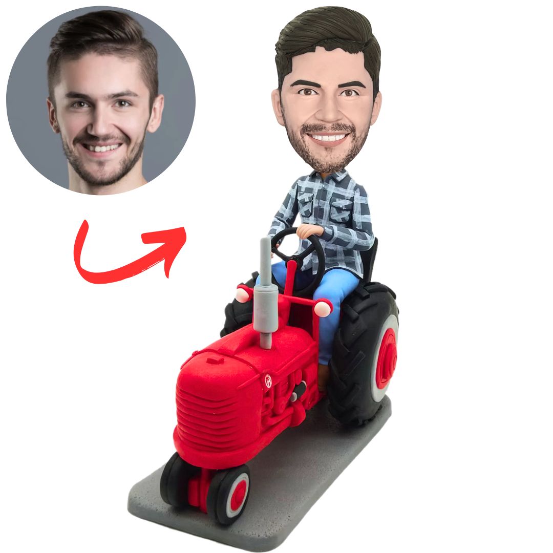 Casual Man Driving Red Tractor Custom Bobbleheads